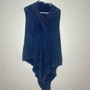 Lauren Ralph Lauren Navy Knit Poncho with Button and Hints of Beige One Size